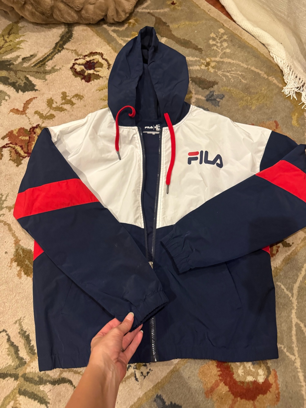 FILA Navy White Red Hooded Windbreaker Jacket Medium